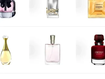 Nine perfume bottles of different shapes on white, three rows of three