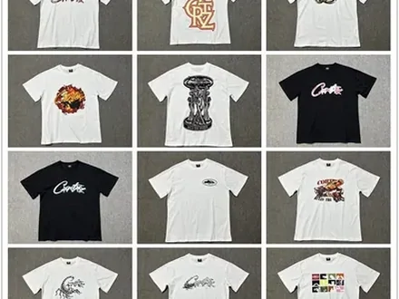 Printed t-shirts in light and dark colours on a white background