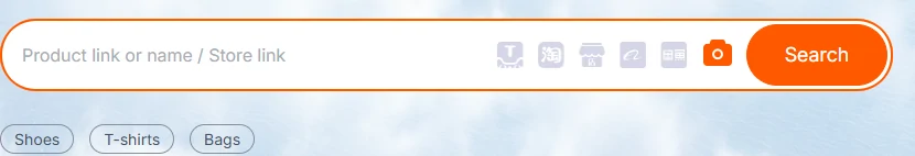 The operator's search field, with the placeholder reading Product link or name slash Store link and a camera button at its right end